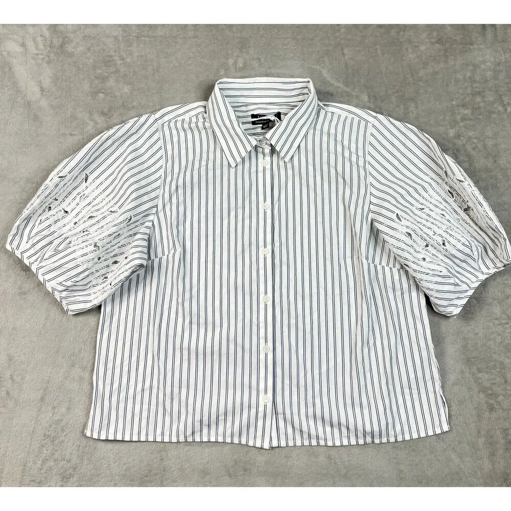 J Crew Eyelet Puff Sleeve Blouse Shirt White Blue Striped Regent CT095 Womens 14